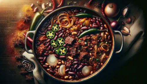 A pot of deep red and dark chili with vegetables and beans and surrounded by spices