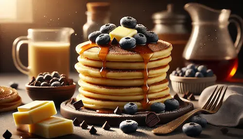 A table with a stack of pancakes with butter, syrup, blueberries, and chocolate chips